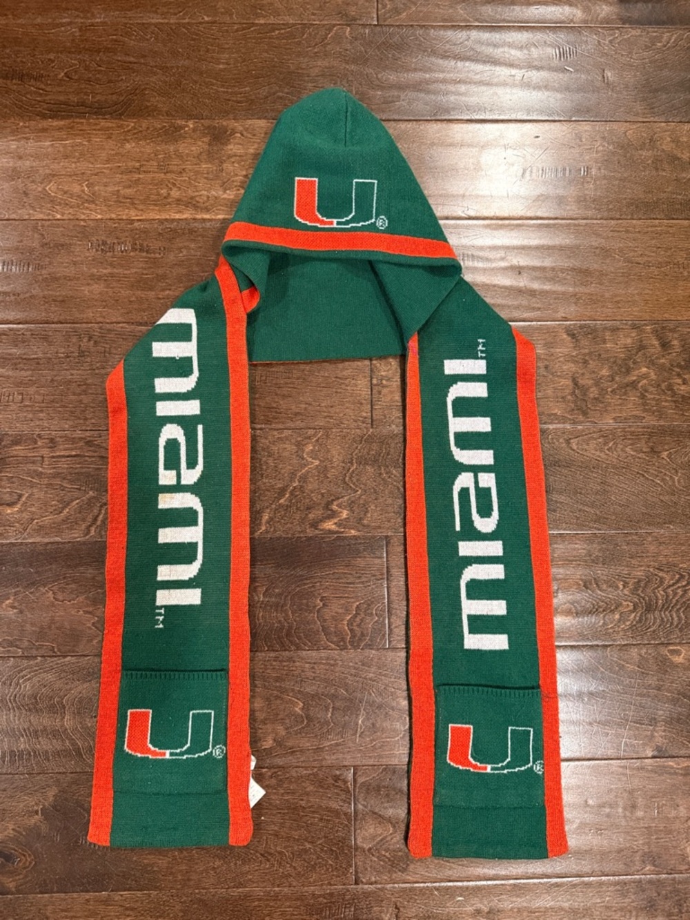🛍️ 3/$10!!! University of Miami Green & Orange Knit Hooded Scarf